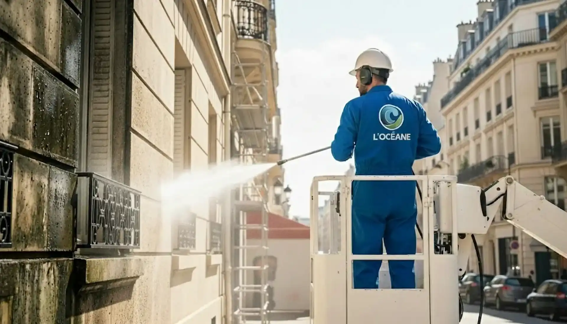 Un agent de nettoyage vêtu d'une combinaison bleue et d'un casque blanc utilise un tuyau à haute pression pour le nettoyage façade copropriété, debout sur une plate-forme élévatrice. D'autres bâtiments et balcons sont visibles à l'arrière-plan.