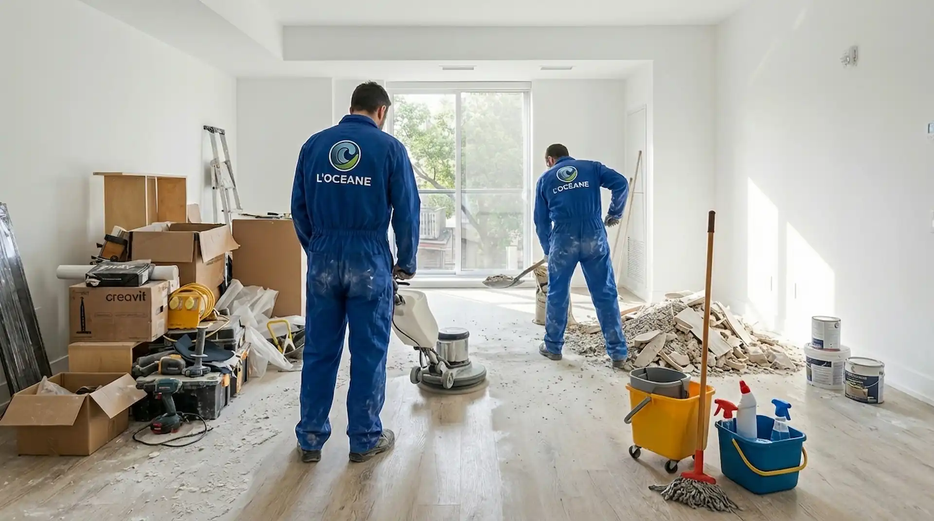 Deux agents de nettoyage en uniforme bleu avec le logo L'OCÉANE dans le dos effectuent un nettoyage de fin de chantier avec prix déterminé au m² dans une pièce lumineuse, partiellement rénovée, remplie de débris, de boîtes et de fournitures. L'un utilise une monobrosse tandis que l'autre ramasse les gravats et débris.