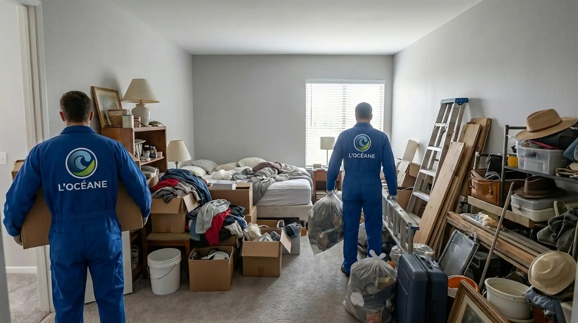 Deux agents professionnels L'OCÉANE en combinaison bleue vident une chambre encombrée de meubles et cartons, illustrant la main-d'œuvre qualifiée incluse dans un devis et le tarif débarras complet pour une maison.